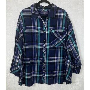 Roaman's Womans Plaid Shirt Button Front Flannel Blue Purple Green Size 22W
